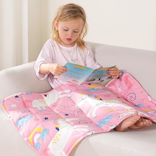 Kivik Soft Weighted Lap Blanket 2 lbs, Small Weighted Lap Pad, Breathable Heavy Throw Blankets for School Calming & Bed Sleeping, Machine Washable, 20 x 30 Inches, Cute Unicorn Printing, Light Pink