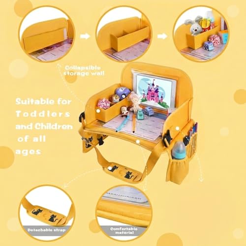 Image of MENZOKE Kids Travel Tray for Toddler Car Seat, Toddler Gift for Boy | Road Trip Essentials Accessories Lap Tray, 16.5 x 13 inch, iPad Holder Stand, Storage Pockets, Snack Compartment, Yellow