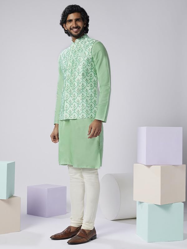 Image of KISAH Men's Kurta Jacket Churidar Set, Sea Green Art Silk, Embroidered Long Sleeves Regular Fit Mandarin Collar