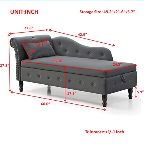 Luckhao Chaise Lounge Indoor,Velvet Lounge Chair For Bedroom With Storage & Pillow,Modern Upholstered Rolled Arm Chase Lounge For Sleeping With Nailhead Trim For Living Room Bedroom Office(Grey) #TOP1