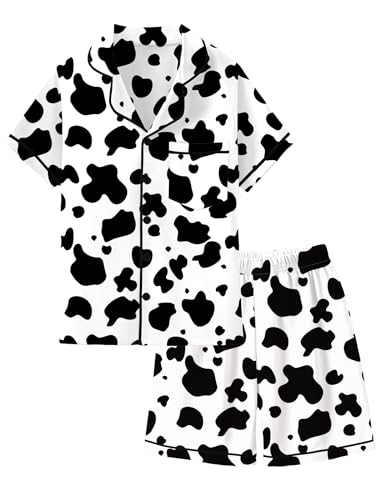 Mikrdoo Girls Pajamas Set Soft Silk Satin Pajamas 2 Piece Short Sleeve Sleepwear Gifts for Kids Size 3-14 Years