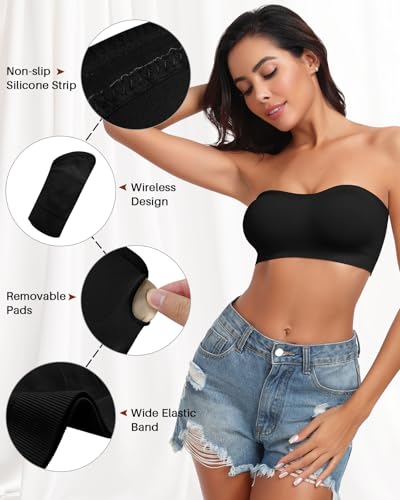 Image of Strapless Bra for Women Bandeau Bras Seamless Wireless Padded Bandeau Top Non-Slip Tube Top