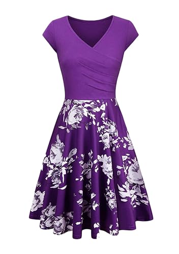 EFOFEI Damen Party Abschlussball Knielanges Kleid A-Linie Ausgestelltes Midikleid Hohe Taille Retro Sommerkleid Geblümt Violett M