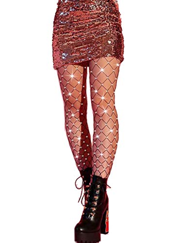 DancMolly Sparkle Rhinestone Fishnet Stockings Crystal High Waist Mesh Hollow Out Pantyhose for Women Tights Set