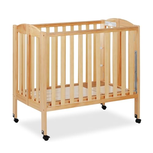 Dream On Me 3 in 1 Portable Folding Stationary Side Crib in Natural, Greenguard Gold Certified, Safety Wheel with Locking Casters, Convertible, 3 Mattress Heights