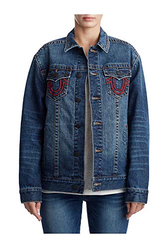 True Religion Womens X Manchester United Embroidered Stretch Denim Trucker Jacket (Extra Small)