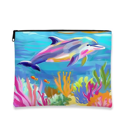 Bolsa de maquillaje de delfín, bolsas de viaje de cosméticos marinos vibrantes y coloridos para mujer, bolsa portátil de lona con cremallera, regalo de playa, organizador de neceser para el cuidado de