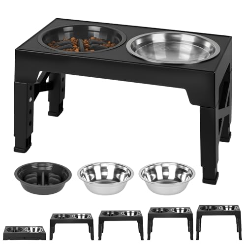 AUYAO Ciotole per Cani Rialzate, Ciotola Rialzata con 2 Ciotole per Cani Piccoli, Medi e Grandi, 5 Altezze Regolabile, Supporto per Ciotola per Cibo Cani, Pieghevole e Antiscivolo, Plastica