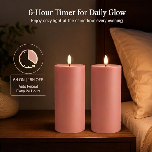 Image of ANGELLOONG Pink Flameless Pillar Candles 6x3 Set of 2 with Timer, LED Battery Candles for Bedroom Decor, Decorative Candles for Nursery and Pink Room Decor