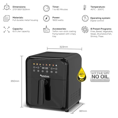 TurboTronic Heißluftfritteuse XXL 6 Liter, 1600W, 8 Programme, Timer, Airfryer Heissluftfritteuse Digital Fritteuse Fettfrei 1-60 Min Modernes Power Metall Design (Schwarz) – Bild 7