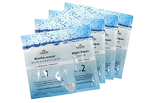 PLANTACOS Mizellenwasser + Night Repair Serum 3 x (4 x Doppel-Sachet) • Reinigungsfluid mit Hamamelis + Hyaluron Serum Cover