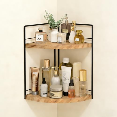Image of 2 Tier Bathroom Counter Organizer,Bathroom Countertop Organizer, Wood Vanity Organizer Corner Shelf,Makeup Tray for Perfume Skincare Bedroom Kitchen Corner (2 Tier,Yellow)