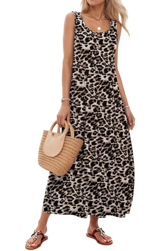 Image of WNEEDU Women's Boho Scoop Neck Sleeveless Summer Maxi Dress with Pockets | Soft Breathable Fabric,Casual Beach Vacation Sundresses for Hawaiian,Graduate Travel,Swing Loose Tank Long Dress,Daily Wear