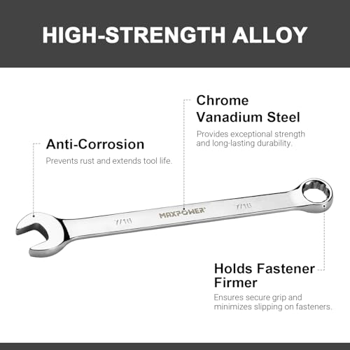 Image of MAXPOWER 7 /16 inch Combination Wrench, Professional Open & Box End, Mirror Polished Finish, Forged Heat-Treated Cr-V Steel, 12-Point Design