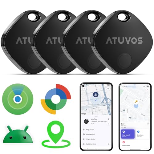 ATUVOS Air Tracker Tags-4 Pack for Android & iOS Tracker Tags Work with Google Find Hub or Apple Find My APP Smart Tags for Android IP67 Waterproof Bluetooth Tracker Tag for Luggage Keys