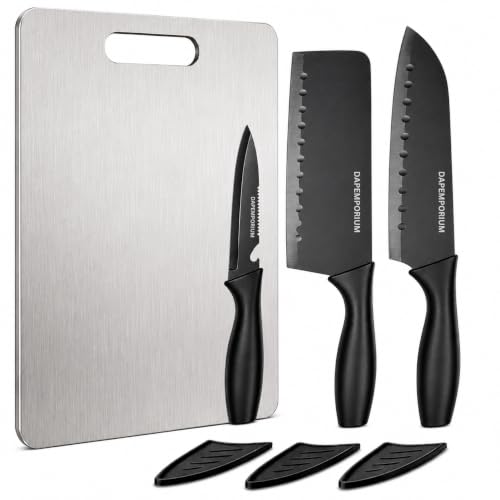Image of Kitchen Knife Set with Steel Cutting Board | 3 Pcs Kitchen Knives Black Coated Stainless Steel Blades with Covers | Food Grade Steel Chopping Board for Vegetables, Fruits & Meat