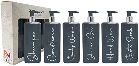 Print Maniacs Mrs Hinch Inspired Signature Grey 500ml Square Reusable Dispenser Bottle Silver Pump Personalised Bathroom Storage Toiletries Set F2 (White, Shampoo and Conditioner)