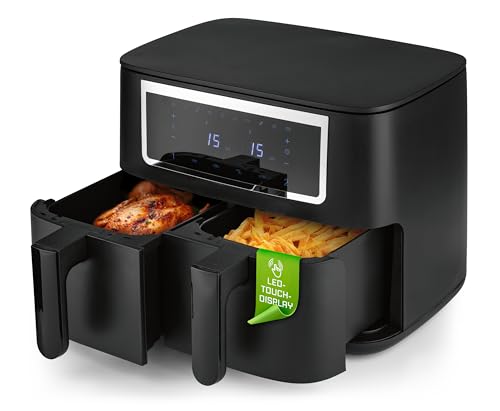 Creativa e versatile: l'elegante friggitrice ad aria calda a doppia camera sostituisce grill, friggitrice e forno e si adatta a qualsiasi cucina moderna. Offre 9 funzioni e 10 programmi con cui puoi creare cibi preferiti come patatine fritte, bacon, spiedini per barbecue e altro ancora per 4-6 persone, premendo semplicemente un pulsante.