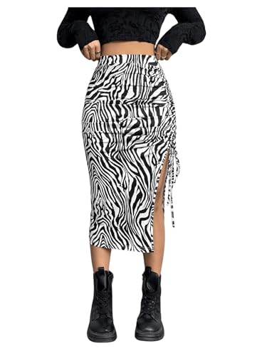 SweatyRocks Women's Knee-Length Skirt Casual Midi Skirt Casual Summer Skirt Midi Skirts Zebra Print Casual Skirt with Slit, Black and White, M