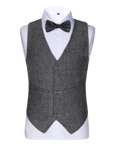 Image of Retro Boys Tweed Vest for Kids Formal Dress Herringbone Suit Vest for Toddler Boy Wedding Waistcoat
