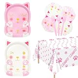 81 Pieces Cat Birthday Party Decorations - Including Pink White Cat Plates, Pet Napkins, and MEOW Tablecloth for Pet Cat Themed Birthday Party Supplies, Serve 20 Guests
