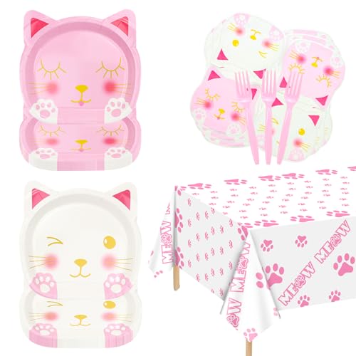 81 Pieces Cat Birthday Party Decorations - Including Pink White Cat Plates, Pet Napkins, and MEOW Tablecloth for Pet Cat Themed Birthday Party Supplies, Serve 20 Guests