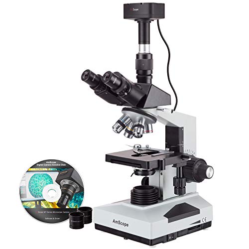 AmScope T490B-5MT Digital Compound Trinocular Microscope, WF10x and WF20x Eyepieces, 40X-2000X Magnification, Brightfield, Halogen Illumination, Abbe Condenser, Double-Layer Mechanical Stage, Sliding Head, High-Resolution Optics, Includes 5MP Camera with Reduction Lens and Software