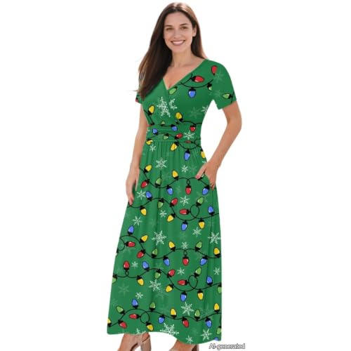 Image of Women's Fall Summer Short Sleeve Ankle Length V-Neck Party Dress with Pockets Size S-3XL