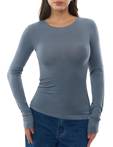 Image of Women's Merino Wool Blend Shirts Long Sleeve Tops Crew Neck Fitted Basic Tee Cozy Embrace Collection