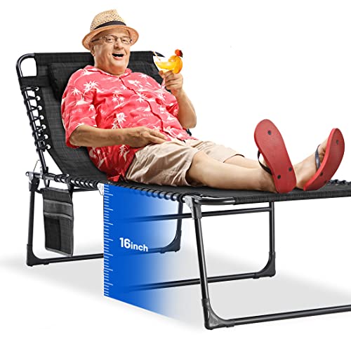 Ezcheer Folding Chaise Lounge Oversize, 16 Inch The Highest Patio Sunbathing Camping Chair, 4 Level Adjustable Lay Flat Pool Beach Lawn Chair Recliner With Storage Bag #TOP22