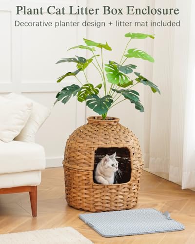 Image of SETVSON Cat Litter Box Enclosure Plant Cat Litter Box Furniture with Artificial Plants, Large Hidden Handwoven Rattan with One Mat, Odor Control Filter, PVC Film, Real Stones, Stylish Decor, Natural