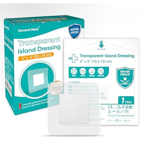 General Medi Waterproof Transparent Adhesive Island Dressing (50 Count, 4" x 4"), Wound Care Pad with Adhesive Border - Sterile, Soft & Highly Absorbent Medical Grade Dressing Pad Cover