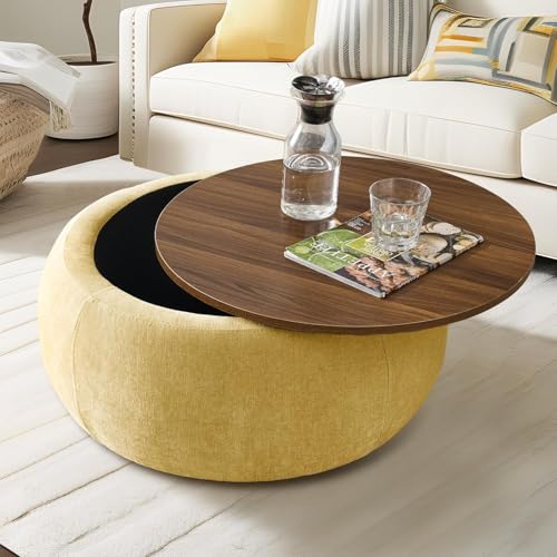Image of Elegent Round Coffee Table with Wooden Top, Storage Ottoman Tables for Living Room, Centre Tables, Tea Tables, Farmhouse, Wood Drum Coffee Table, Upholstered Ottoman Accent Table (Yellow)