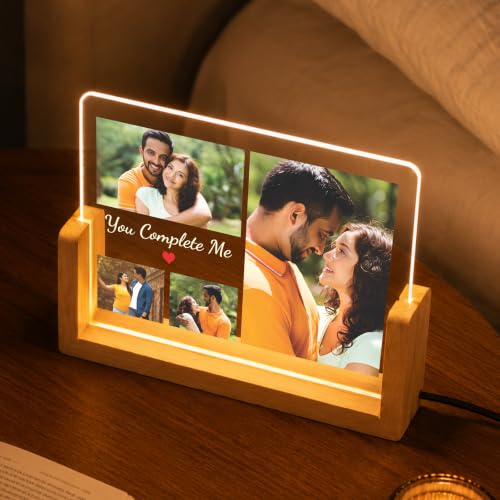 Image of Giftplease Personalized LED Acrylic Photo Frame with Custom Picture and Message, Couple Photo Lamp, Wooden Base USB LED, Romantic Bedroom Decor, Anniversary Memory Display, Wedding, Engagement