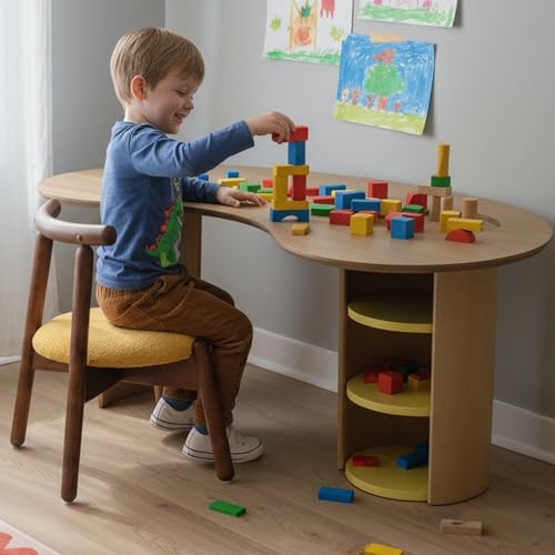 Image of Kids Table, Toddler Activity Table with Storage, Wood Kid Drawing Art Tables, Children Desk for Kids Ages 3-8, Kidney Sensory Table Train Tables for Toddlers Boys /Girls Room /Playroom, Yellow