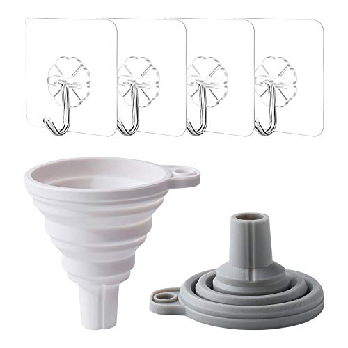 YAZEN Silicone Collapsible Funnel Set of 2 Funnel4 Wall Hooks Foldable Kitchen Funnel for Water Bottle Liquid TransferGrayWhite