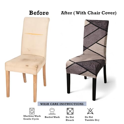 Image of Chair Covers Set of 4 for Dining Table, Stretchable Removable Washable Anti-Slip Universal Fit Printed Polyester Spandex Slipcovers (Beige & Mauve Geometric)