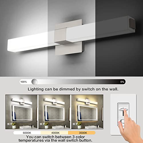 Image of 24in Modern Bathroom Vanity Light, 3CCT Dimmable Nickel LED Vanity Lights Bar, 18W Bathroom Lighting Fixtures Above Mirror 3000K /4500K /6000K Selectable