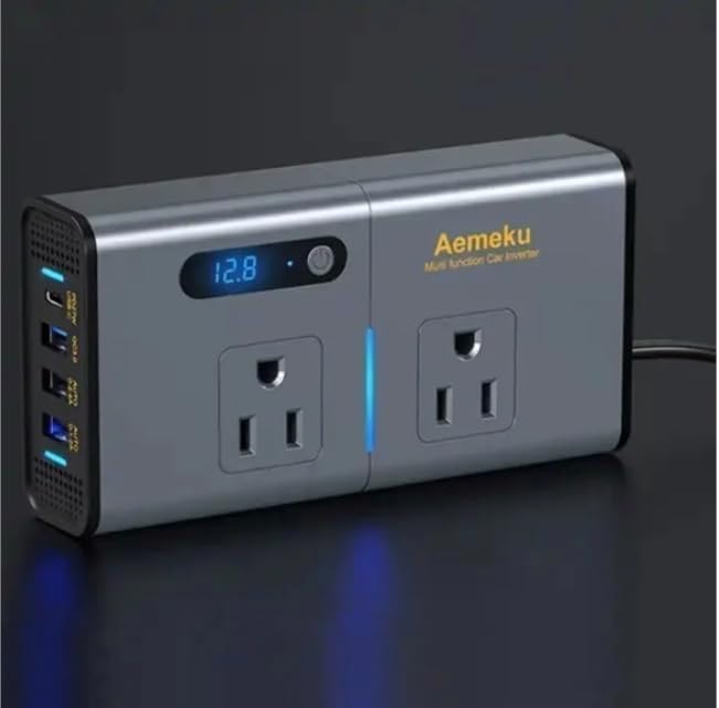 Power Inverter 200W Metal Car Charger Adapter Fast Charging 12V to 110v pd 4 USB Ports(2.4A USB+1.2A USB+QC3.0+30W Type-C) and 2 AC Outlet, only for DC 12V