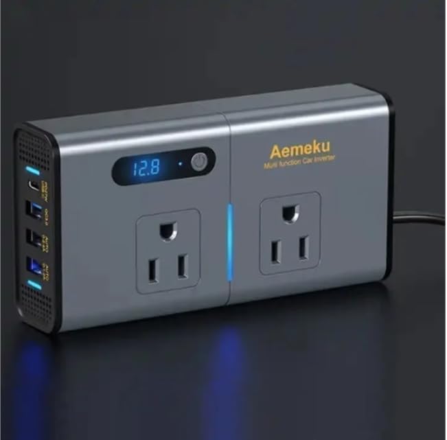 Amekeu Power Inverter 200W Metal Car Charger Adapter Fast Charging 12V to 110v pd 4 USB Ports(2.4A USB+1.2A USB+QC3.0+30W Type-C) and 2 AC Outlet, only for DC 12V