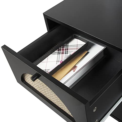 Fokwe Rustic Rattan Nightstand 2-Drawer, End Table Side Table Wooden Coffee Table With Storage And Solid Wood Legs For Living Room, Bedroom(Black) #TOP3