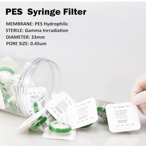 Image of Sterile Syringe Filter PES Hydrophilic Filtration 0.45 um Pore Size, 33 mm Membrane Diameter, 20 Pack, Sterile Packed Individually for HPLC Sample Preparation