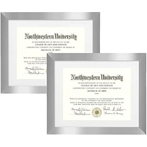 FRAMANEX SILVER 11X14 Inch (28X36 CM) Diploma Certificate Degree Frame, Display Pic Size 11X8.5" (28X22 CM) with White Mount or 14X11" Without Mat, Aperture Display A4 Document Frame (Pack of 2) Cover