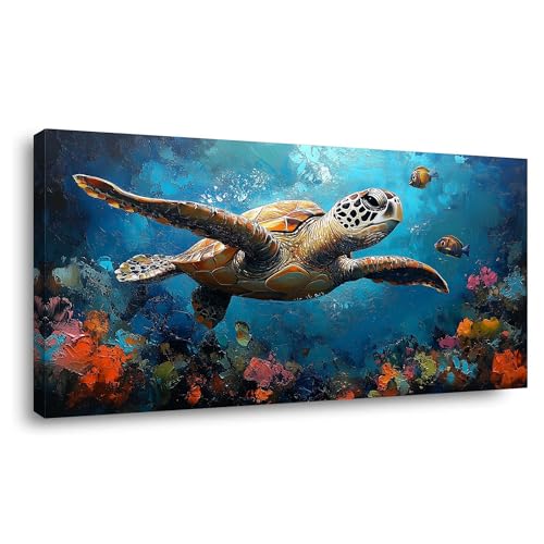 TEKMENT Blue Tropical Sea Turtle Wall Art for Bedroom Oil Painting Prints Canvas Beautiful Underwater World Coastal Ocean Sea Art Deco Nature Artwork Office Kids Decor