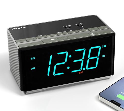 iTOMA Rádio despertador altifalante estéreo Bluetooth, rádio FM, despertador duplo, Snooze, interruptor de brilho, carregamento USB, despertador de escritório do quarto 3501S