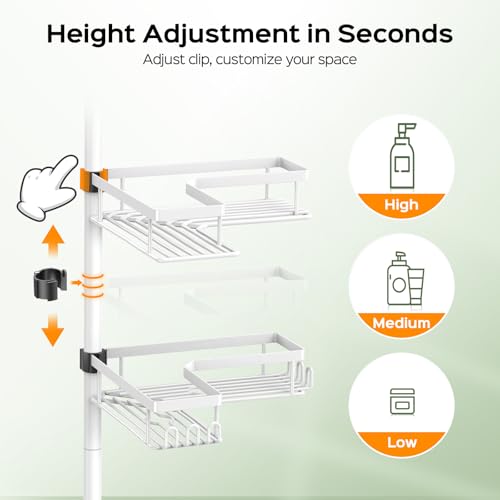 Image of HAMITOR 4-Tier Bathtub Shower Caddy, Tension Pole Corner Shelves, White | Rustproof L-Shaped Adjustable Organizer, No-Drill Bathroom Accessories with Hooks, Space-Saving For Apartment, Renters