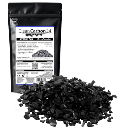 CleanCarbon24® Frischluft Booster– Aktivkohle-Granulat 4x6mesh (3,4-4,8mm) aus Kokosnussschalen | Nachfüll-Pack für Umluftreiniger & Rauchfilter...
