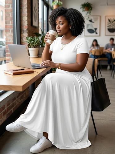 Image of SUZONANA Plus Size Maxi Dress for Curvy Women Summer Casual Sundress Short Sleeve Loose Vacation Dress