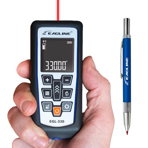 EAGLINE EGL330 Laser Distance Measure - 330Ft Range, 3-Point Height & Width, Area & Volume Measures - Laser Meter Measurement Tool with Bonus: Protective Cover & Carpenter Pencil