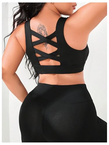 OYOANGLE Women's Plus Size Solid Criss Cross Crew Neck Backless Sports Bra4